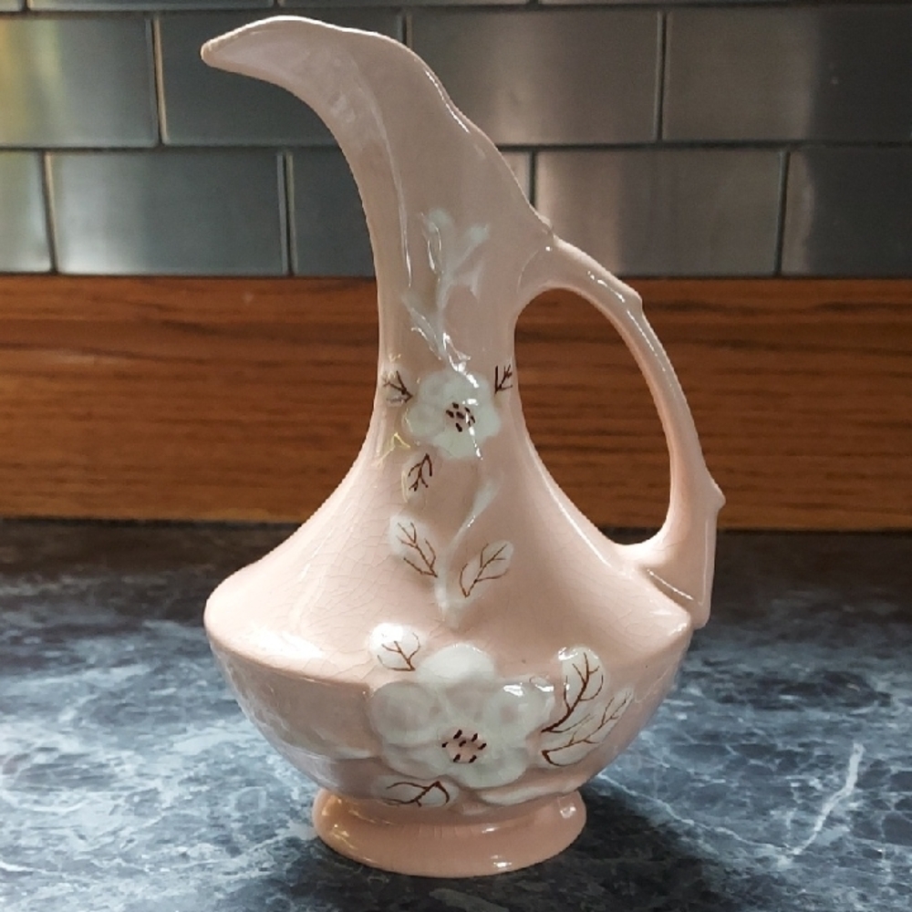 Blush Pink Vintage Ceramic Pitcher with Floral Design